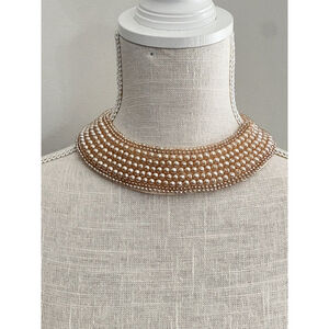 Vintage 1950s Strand Faux Pearl Beige Creamy Collar Necklace Japan Satin Backing